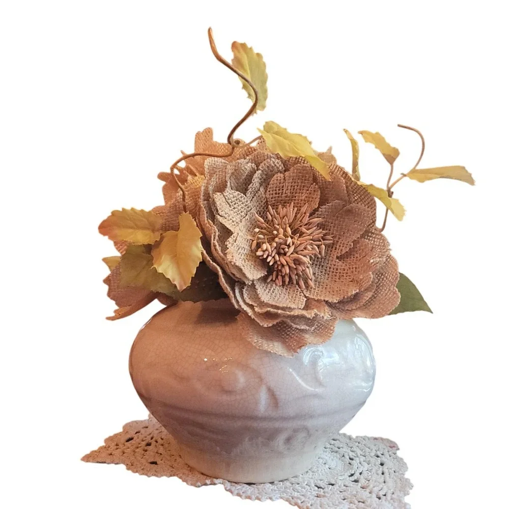 Burlap Flower Arrangement starter Fall Harvest Thanksgiving Rustic Decor Bouquet